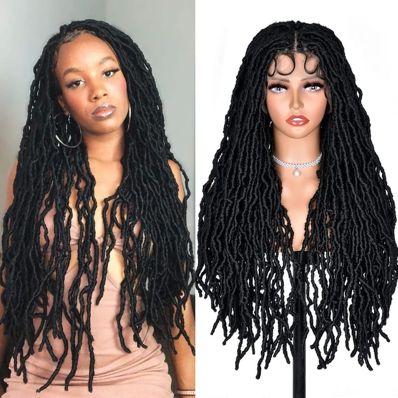 Black Full Lace Faux Locs Braided Wig Curly Hair Hand-braided Synthetic Crochet Braids with Baby Hair