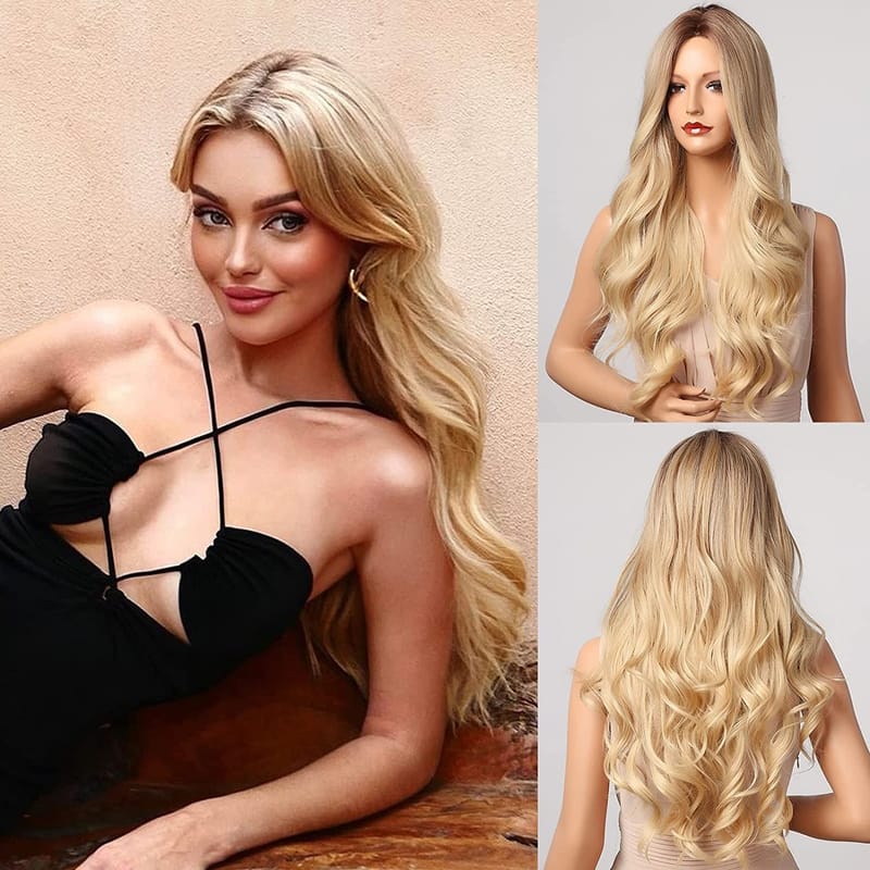 Blonde Middle Part Wig - Long Wavy Ombre Blond Wigs with Dark Roots for Women