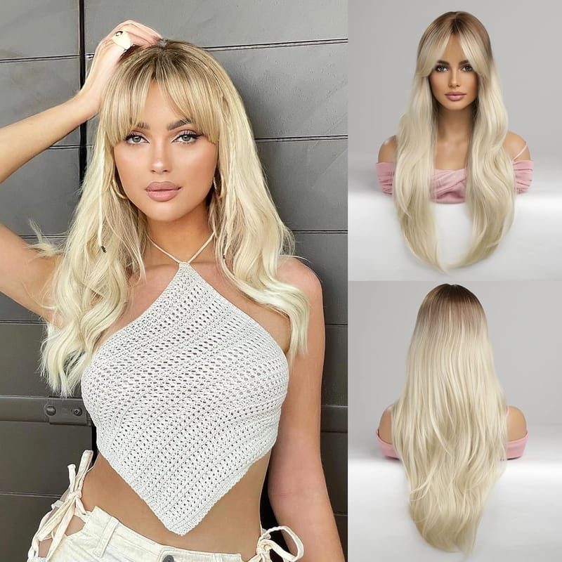 Light Blonde Wig with Bangs - Ombre Platinum Blonde Wigs for White Women