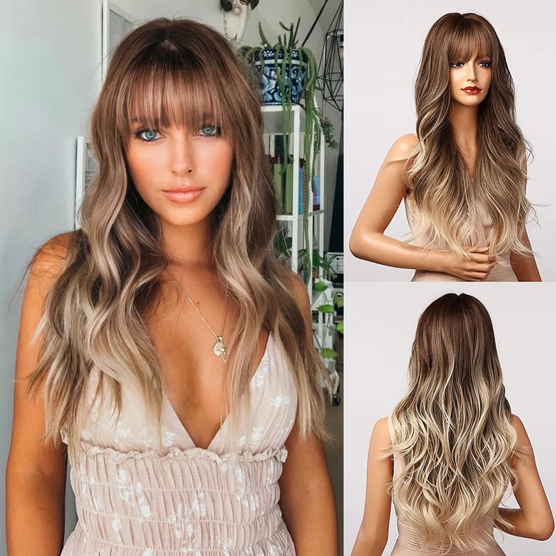 Light Brown Wig with Bangs - Long Ombre Wavy Wigs for White Women