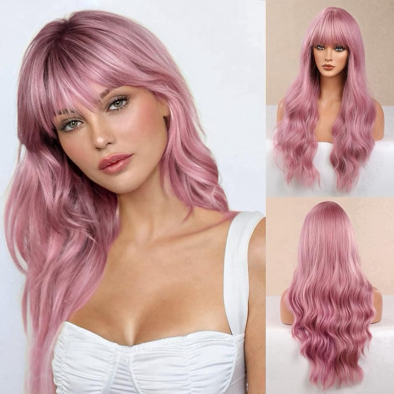 Light Pink Wig Bangs - Baby Pink Wigs for Women, Long Wavy Coral Pink Heat Resistant Hair