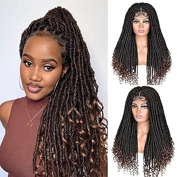 ANNISOUL Faux Locs Wigs for Black Women Full Lace Curly Goddess Faux Locs Crochet Curly Ends Braid Twist Wig with Baby Hair Short Dreadlock Braided Wig Freedom Goddess(Ombre Brown)