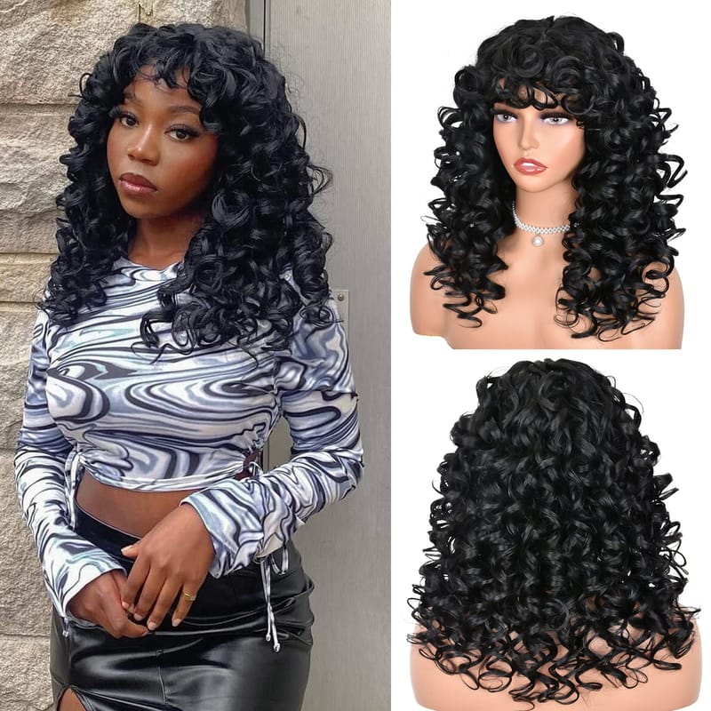 Black Curly Wigs for Black Women Long Curly Afro Wig with Bangs for Women