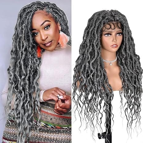ANNISOUL Grey Faux Locs Wigs for Black Women Curly Goddess Faux Locs Crochet Hair Full Lace Braid Wig with Baby Hair Braided Wig Goddess Dreadlock Wig