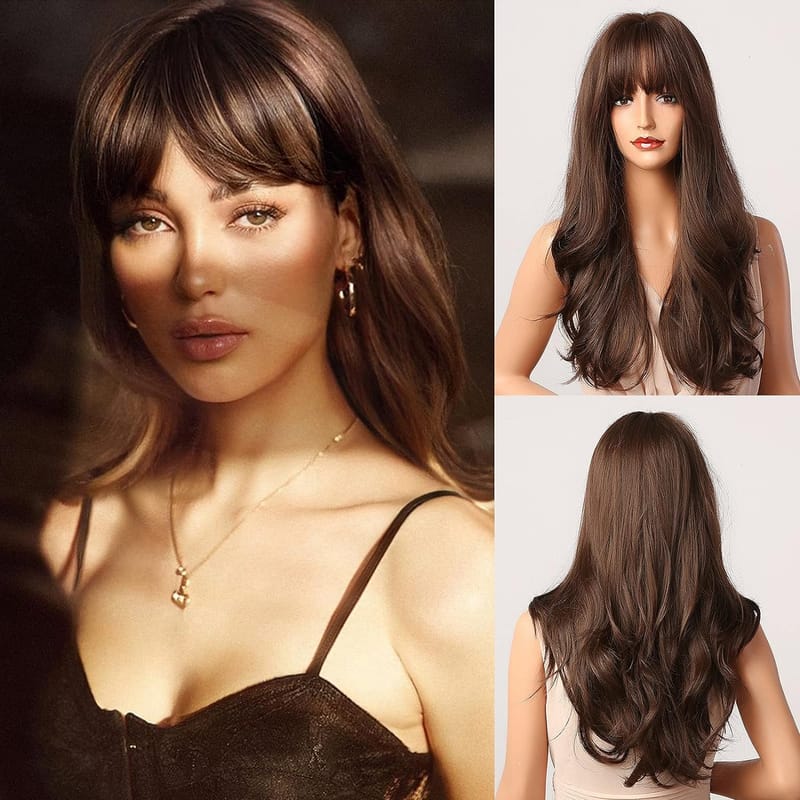 Dark Brown Wig with Bangs - Long Wavy Brunette Wigs for Women