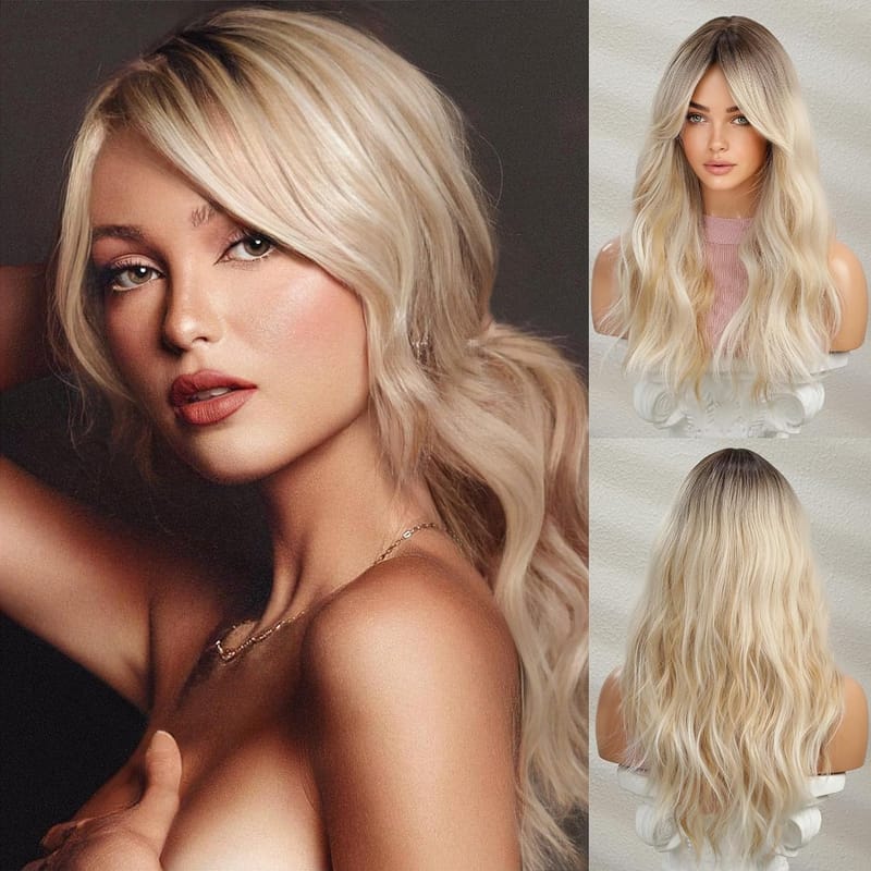 Wavy Blonde Wig with Bangs - Ombre Curtain Bang Wigs for Women