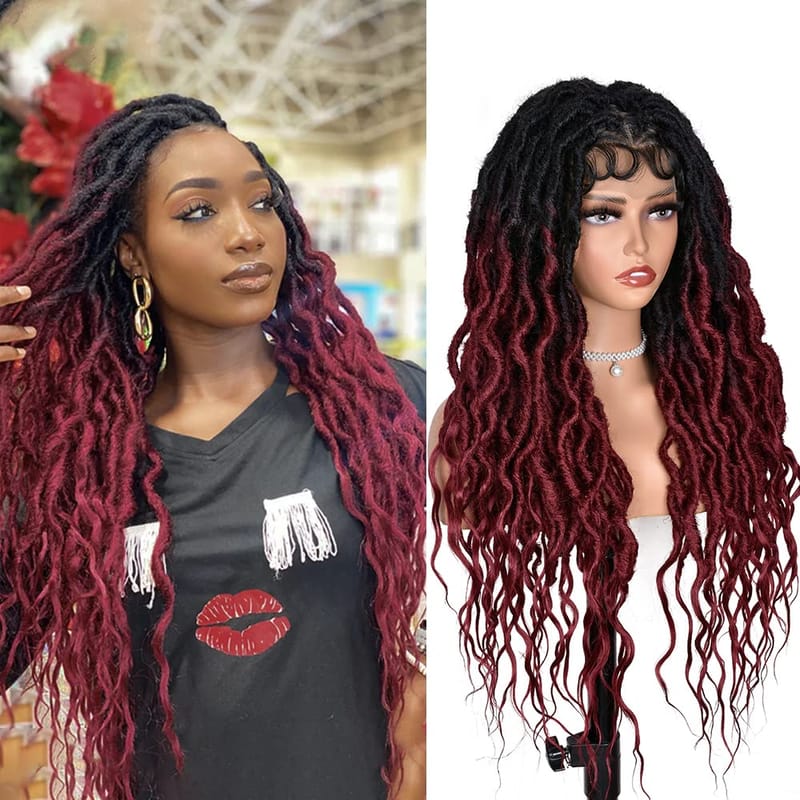 Ombre Red Faux Locs Wigs for Black Women Curly Goddess Faux Locs Crochet Hair