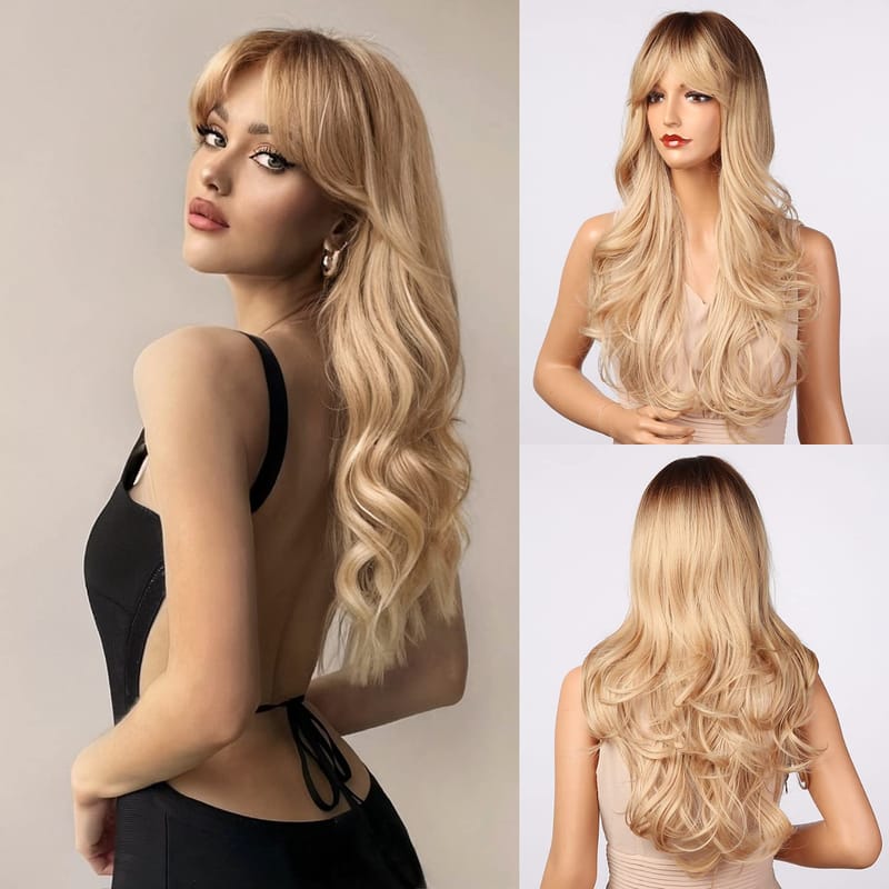 Blonde Wig with Bangs - Long Wavy Ombre Curtain Bang Wigs for White Women