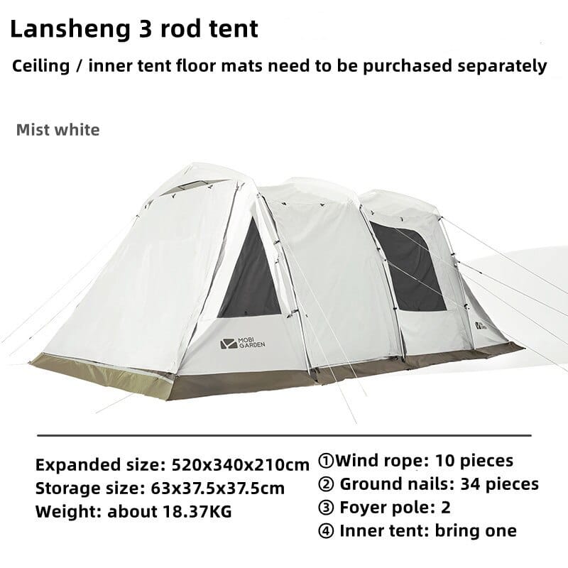 Tent Camping Outdoor Camping Equipment Windproof and Rainproof Two Rooms One Hall Large Space Tunnel Tent LanSheng