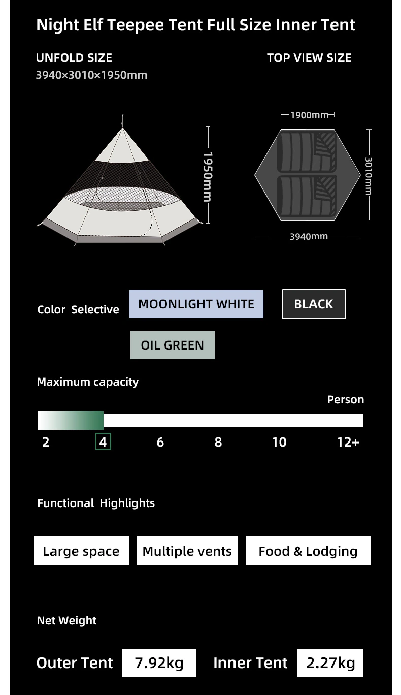 New Pyramid Tent With Snow Skirt Waterproof Camping Teepee With A Chimney Hole For Cooking Travel Tent PU3000