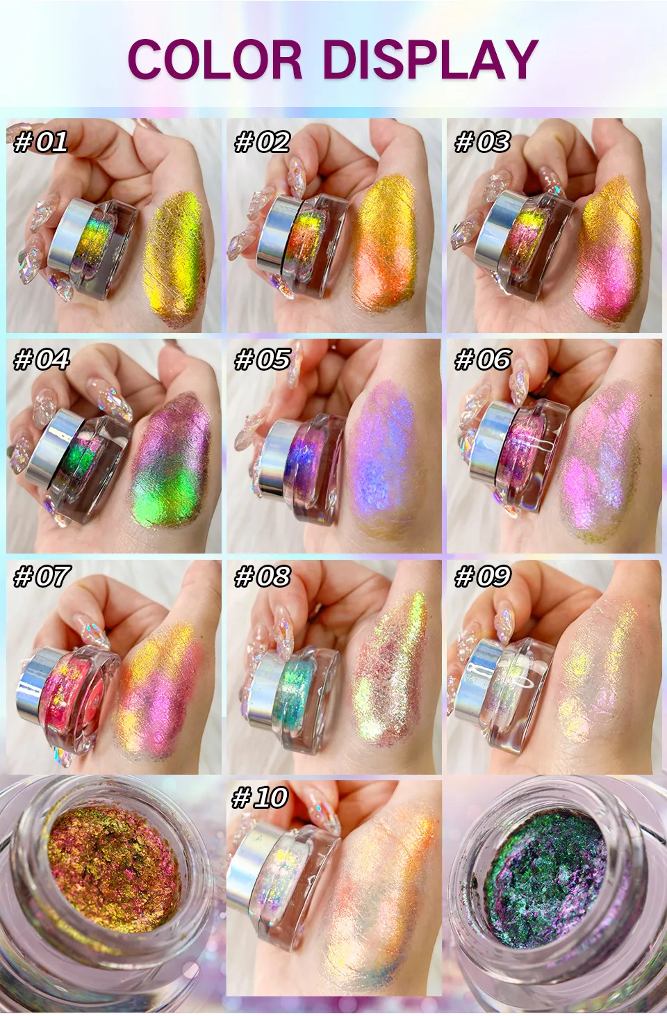 CHARMACY New 10 Color Multichrome Gel Eyeshadow Chameleon Shiny Gel Eyeshadows Flakes Gel Eye Makeup Duochrome Glitter Eye