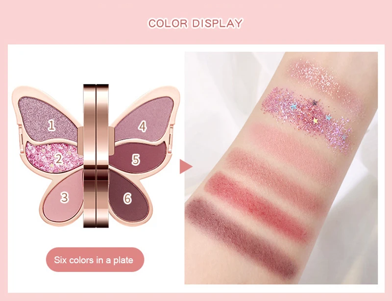 Brand 6 colors Eyeshadow palette butterfly Eye shadow lucky Koi Pearl Sequins Glitter Matte Makeup plate glitter eyeshadow