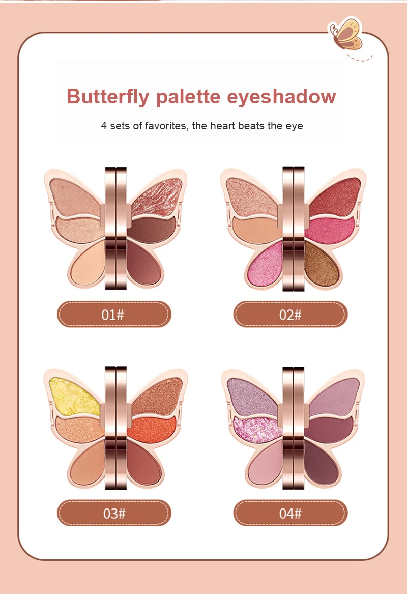 Brand 6 colors Eyeshadow palette butterfly Eye shadow lucky Koi Pearl Sequins Glitter Matte Makeup plate glitter eyeshadow