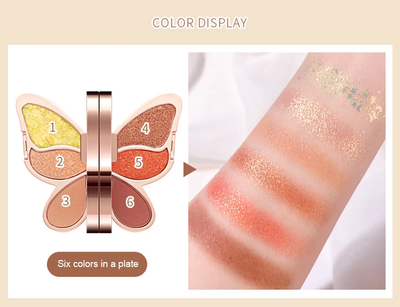 Brand 6 colors Eyeshadow palette butterfly Eye shadow lucky Koi Pearl Sequins Glitter Matte Makeup plate glitter eyeshadow