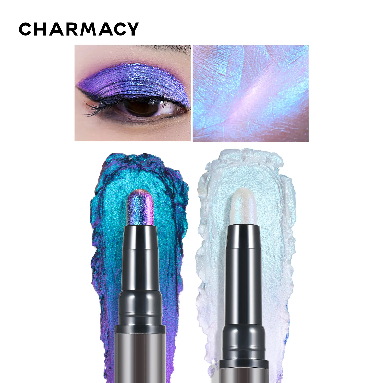 CHARMACY 2 In 1 Multichrome Eyeshadow Sticks High Pigmented Glitter Eyeshadow Waterproof Eye Shadow Pen Metallic Makeup 6 Color