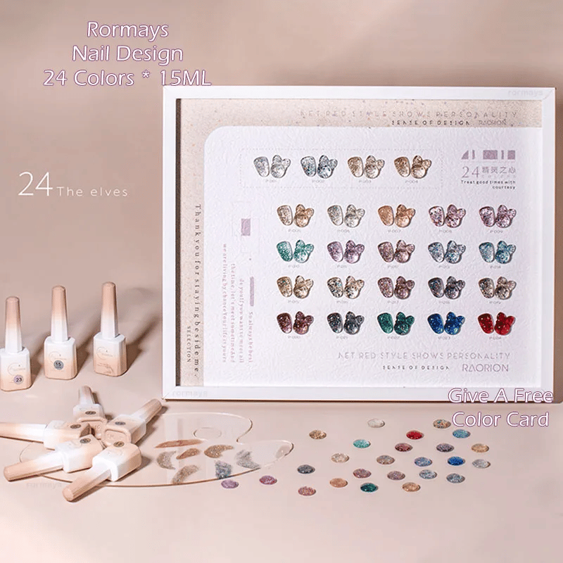 Rormays 15ML Shiny Gel Nail Polish 24 Color Set Shiny Sequins Semi Permanent Diamond Gloss Polished UV LED Nail Art gel Factory