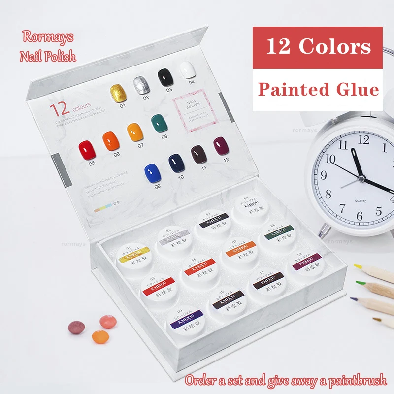 Rormays 12 Color Nail Polish Nail Art Pigment Set UVLED Gel Builder Polishing Solid Gel Extension Gel, A Nail Brush Is Presented