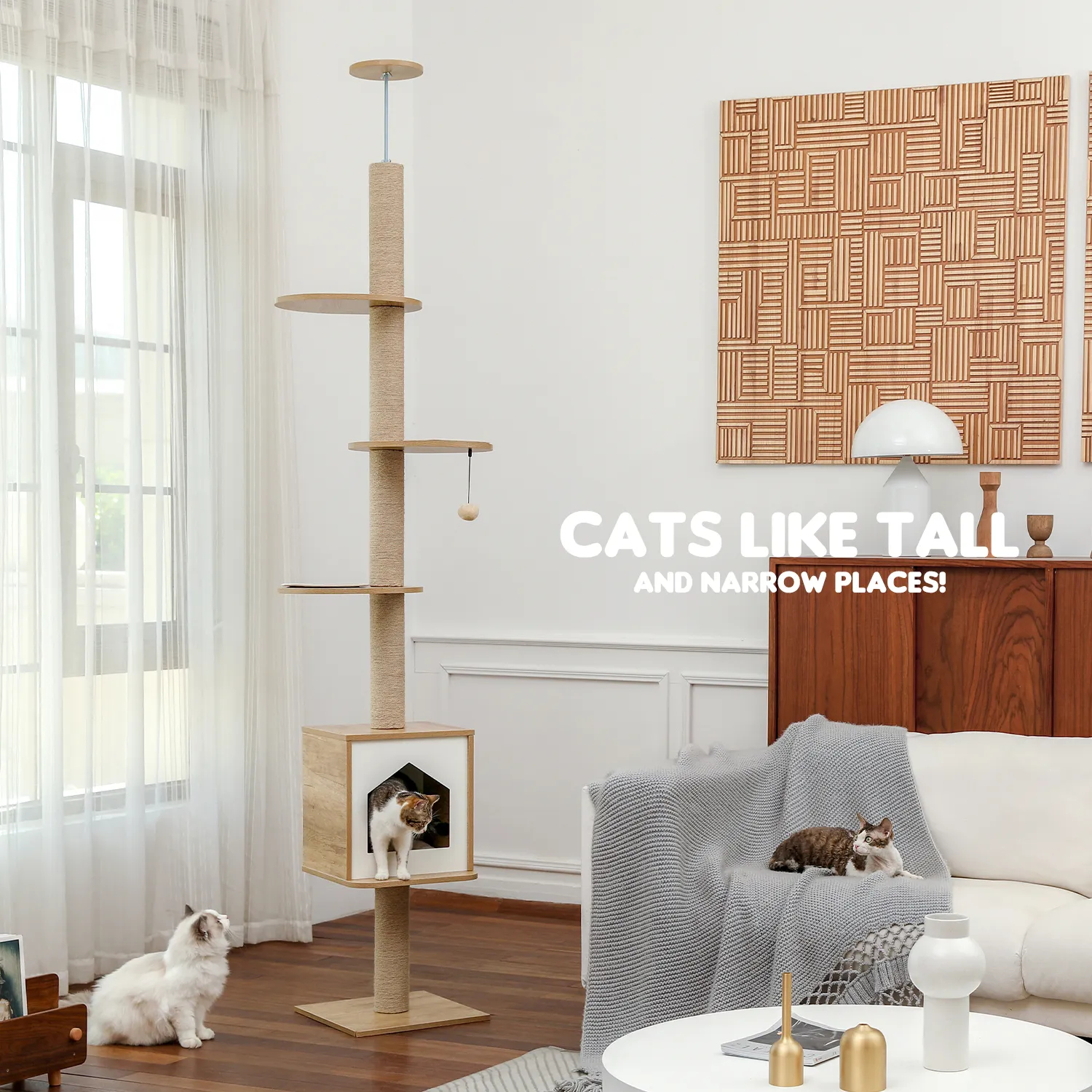 H240-260CM Modern Cat Tree Tower Floor to Ceiling Adjustable Cat Scratches with Board Multi-Level Platform Sisal Post for Indoor