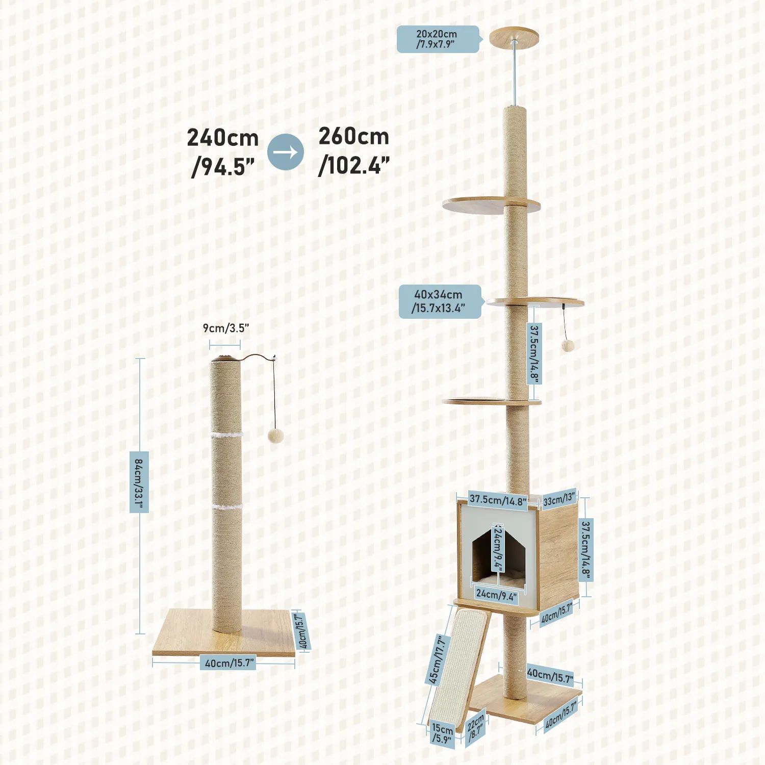 H240-260CM Modern Cat Tree Tower Floor to Ceiling Adjustable Cat Scratches with Board Multi-Level Platform Sisal Post for Indoor