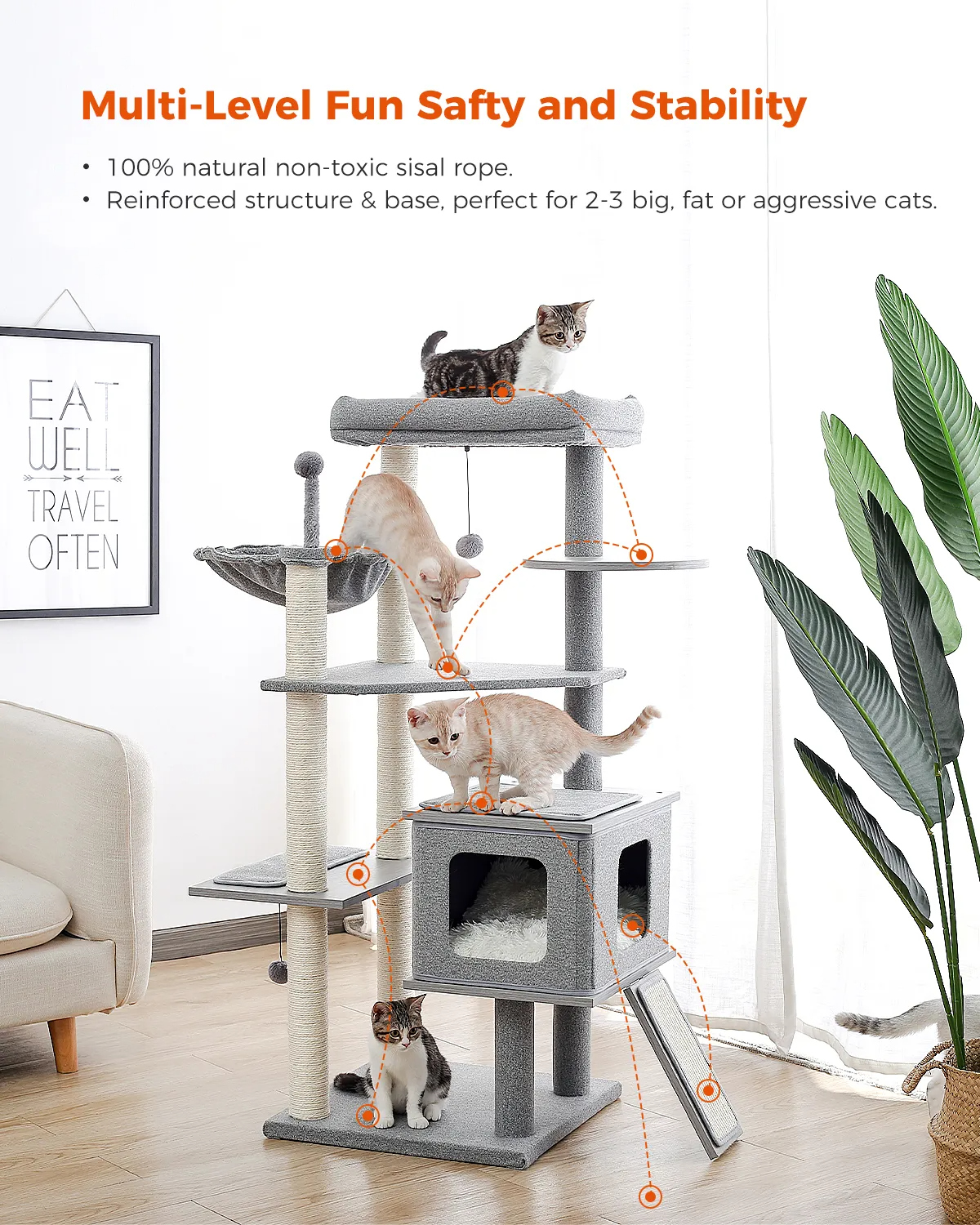 H130CM Luxury Modern Cat Tree Tower for Indoor Grey Wooden Large Top Perch Condo Durable Fully Wrapped Scratching Sisal Posts