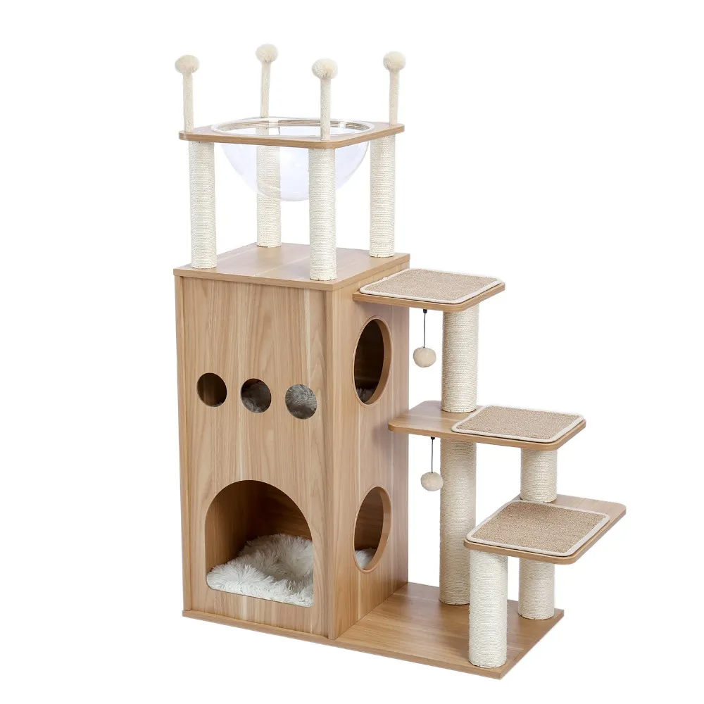 Pet Cat Tree Tower Condo Wood Indoor Ladder Cat Scratching Natural Sisal-Covered Scratch Post Pad with Play Ball for Cats Kitten