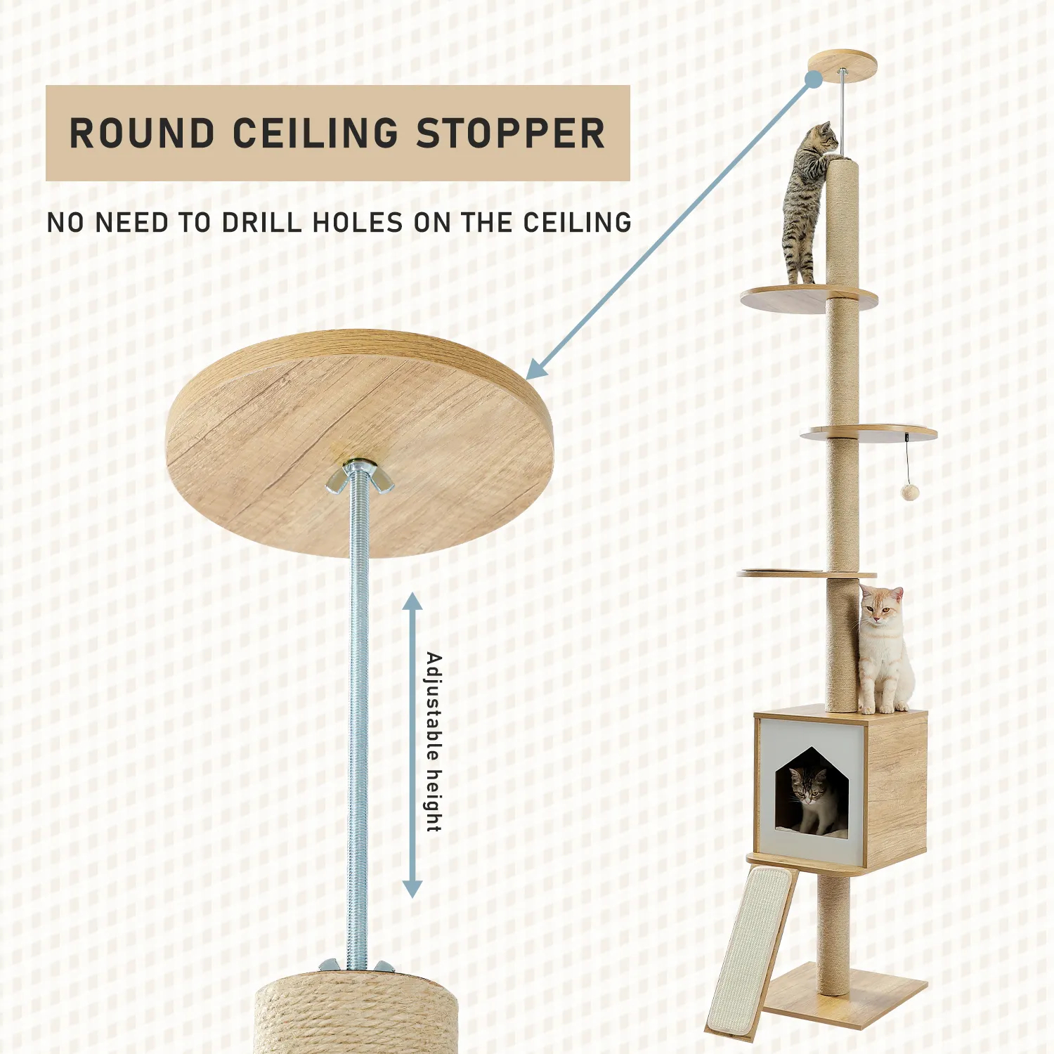 H240-260CM Modern Cat Tree Tower Floor to Ceiling Adjustable Cat Scratches with Board Multi-Level Platform Sisal Post for Indoor