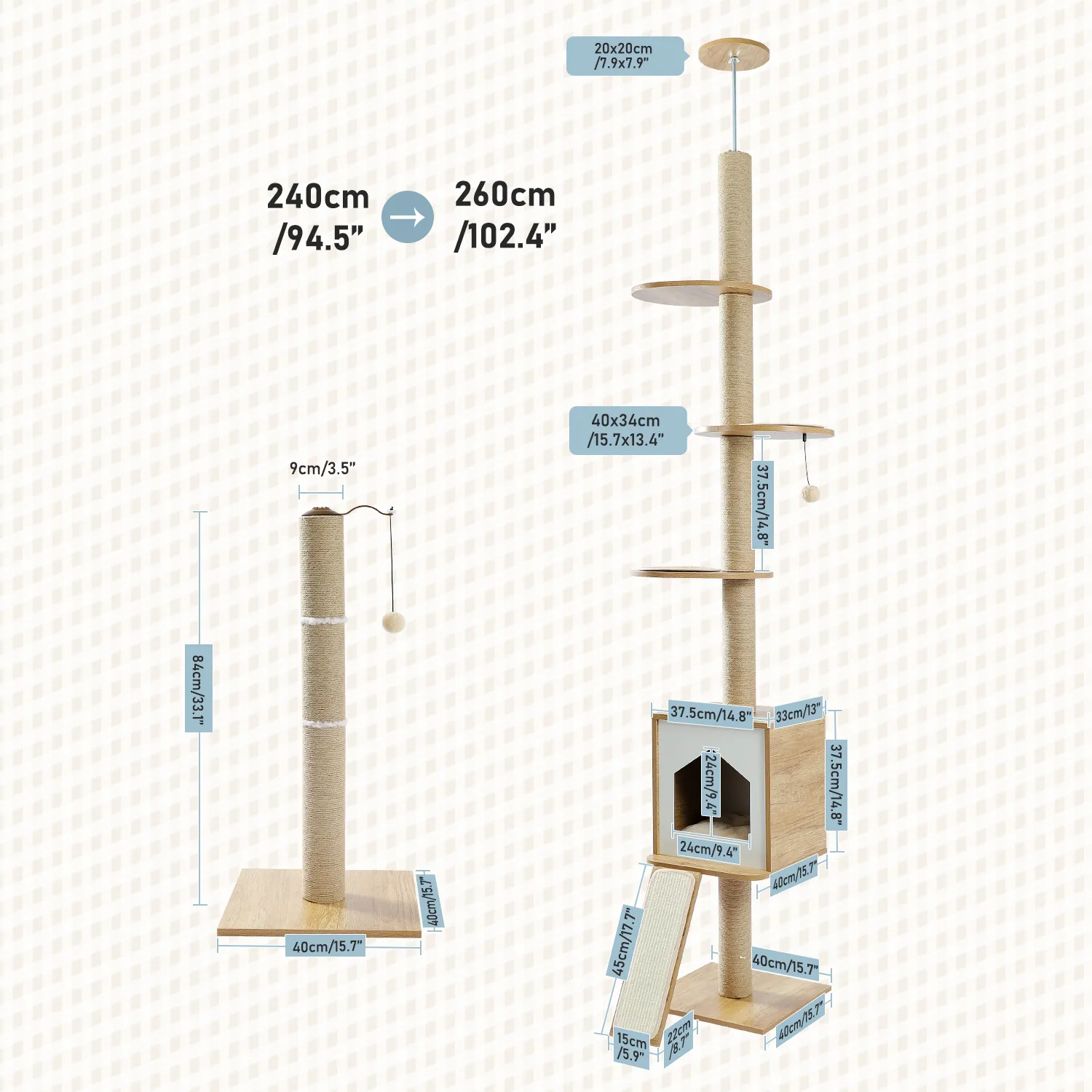 H240-260CM Modern Cat Tree Tower Floor to Ceiling Adjustable Cat Scratches with Board Multi-Level Platform Sisal Post for Indoor