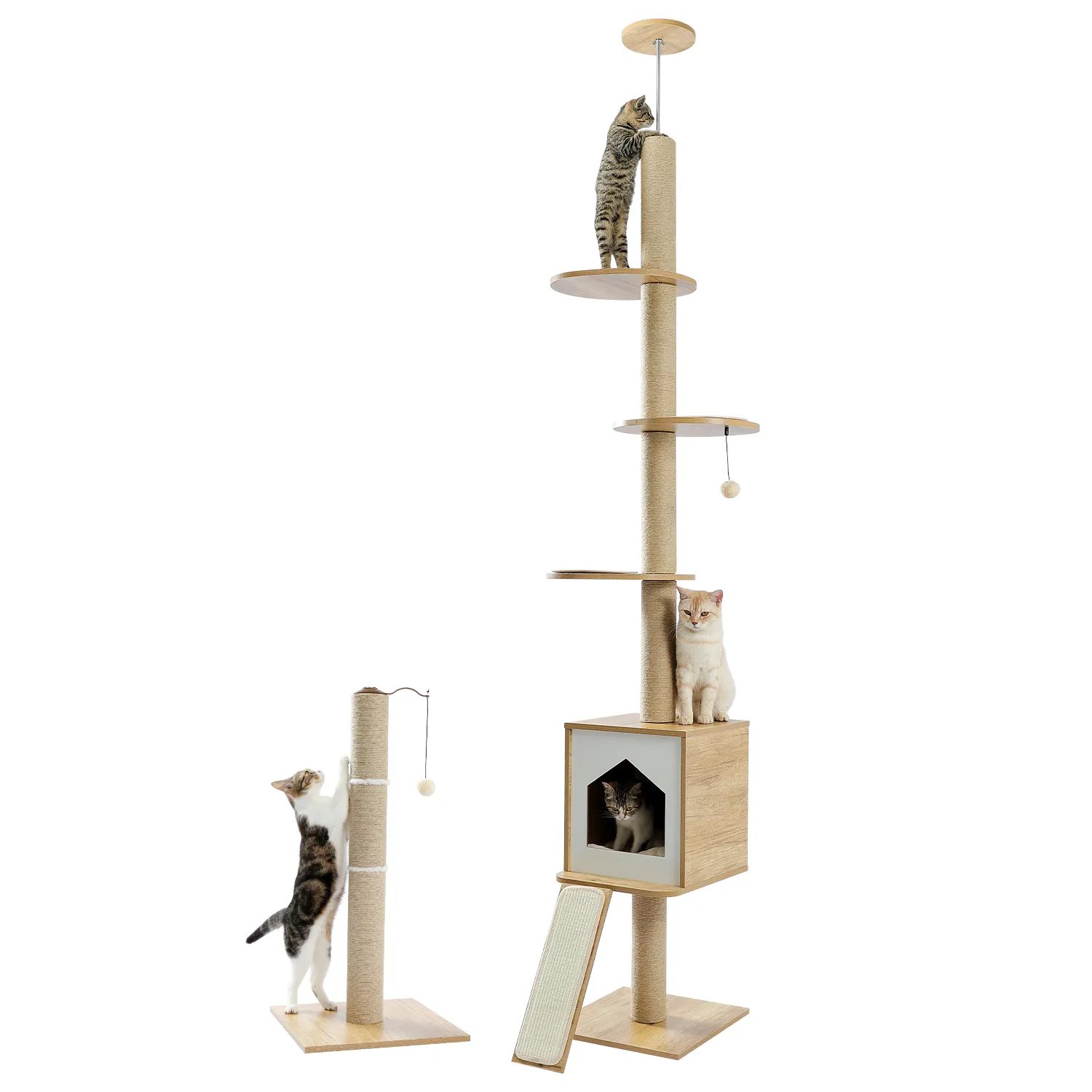 H240-260CM Modern Cat Tree Tower Floor to Ceiling Adjustable Cat Scratches with Board Multi-Level Platform Sisal Post for Indoor