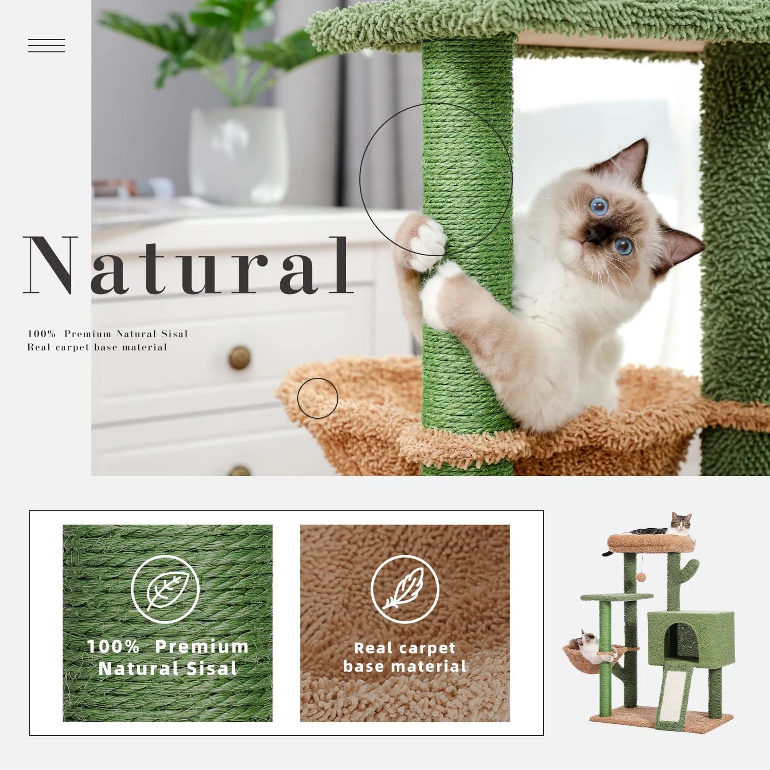 Cactus Cat Tree Tower with Sisal Scratching Post Board for Indoor Cats Condo Kitty Play House Perch rascador gato arbre à chat