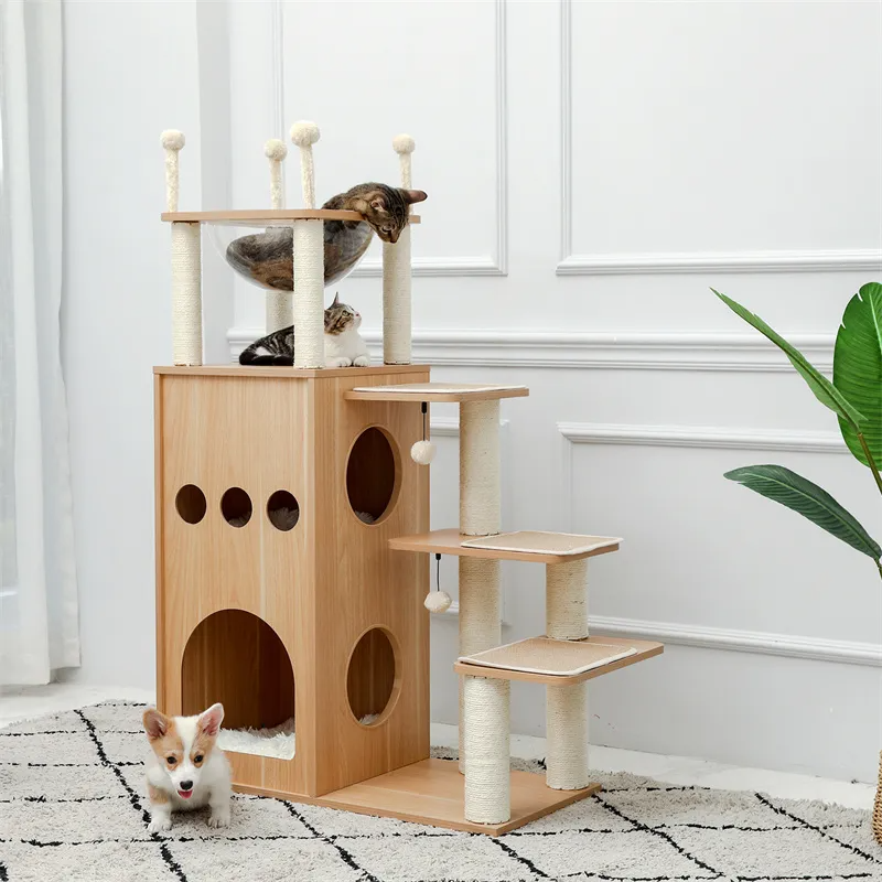 Pet Cat Tree Tower Condo Wood Indoor Ladder Cat Scratching Natural Sisal-Covered Scratch Post Pad with Play Ball for Cats Kitten