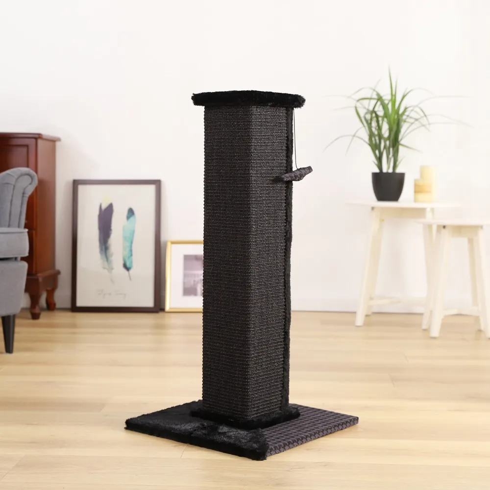 H82cm Pet Cat Tree Scratching Post for Indoor Plush Top Perch Stable Durable with Ball Black Natural Sisal Protecting Furniture