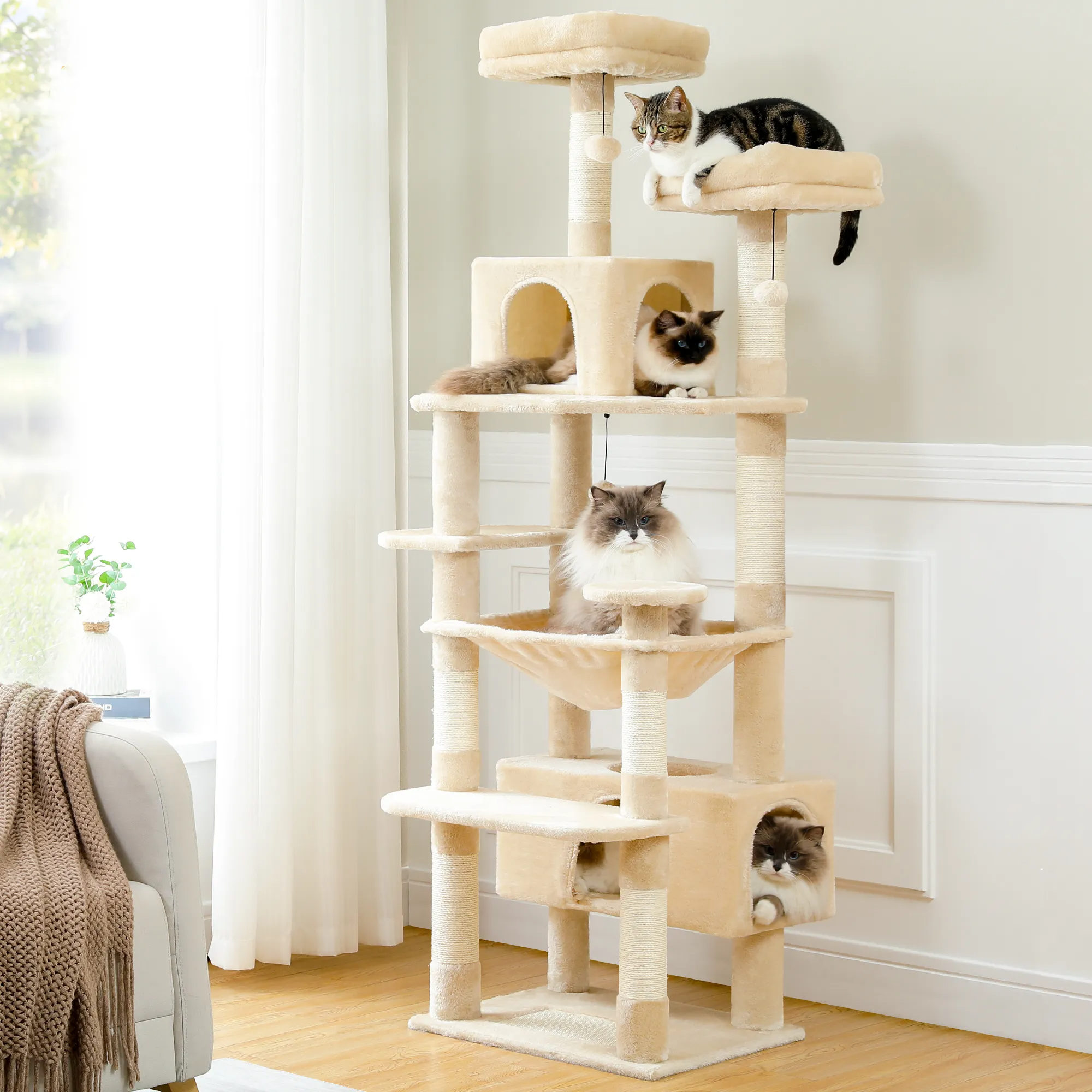 H184CM Large Cat Tower with Sisal Scratching Posts Spacious Condo Perch Stable for Kitten Multi-Level Tower Indoor Cozy Hummocks