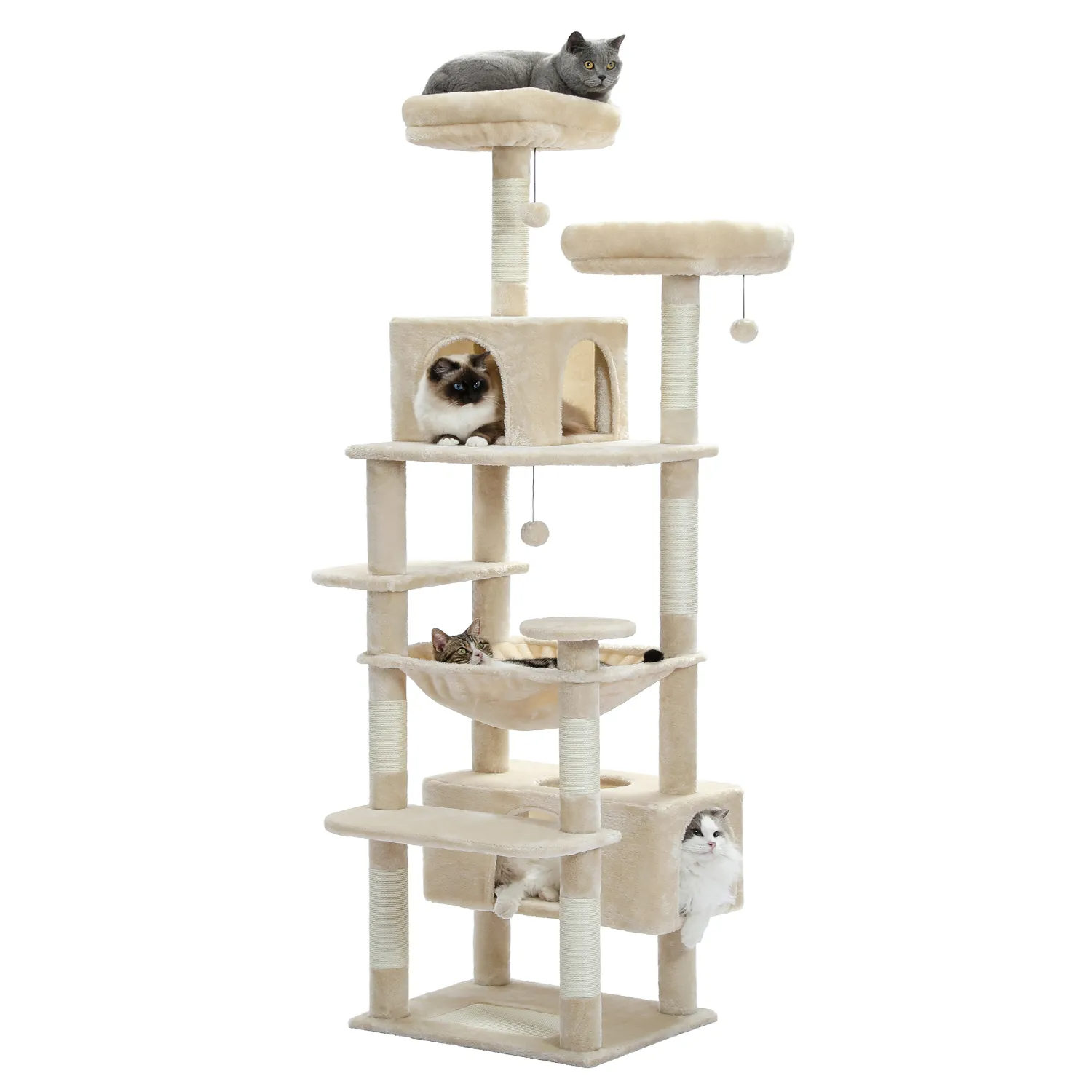 H184CM Large Cat Tower with Sisal Scratching Posts Spacious Condo Perch Stable for Kitten Multi-Level Tower Indoor Cozy Hummocks