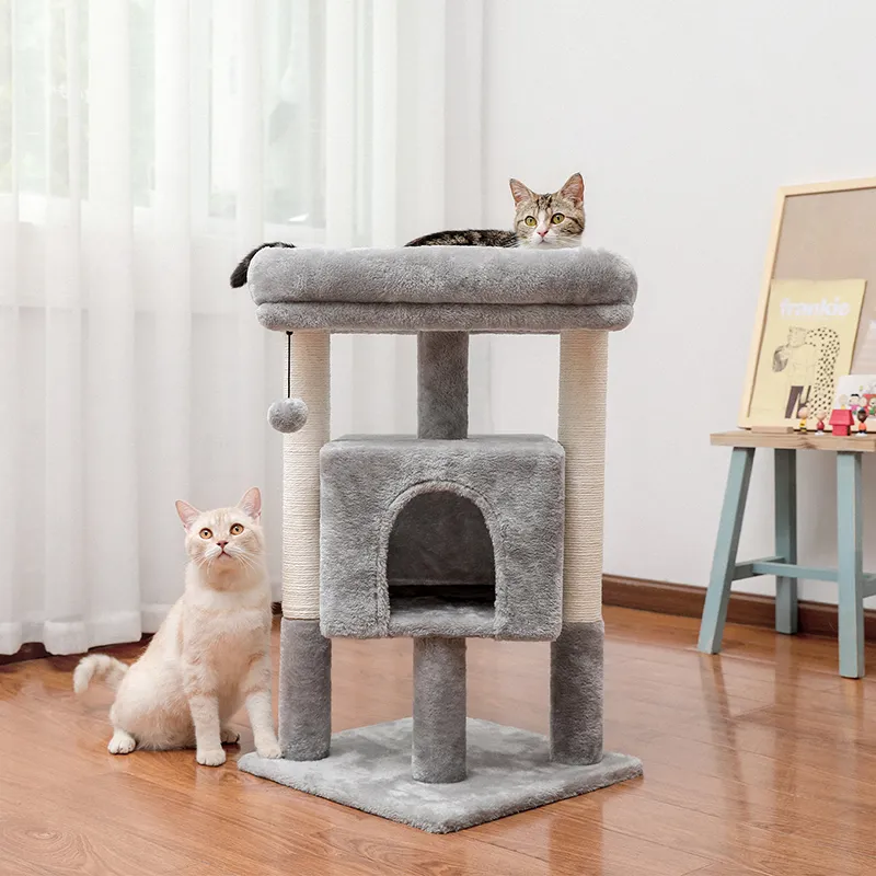 H72cm Pet Cat Tree Condo Large Top Perch Climbing Tower Multi-layer With Ball Hammock Furniture Solid Natural Scratching Post