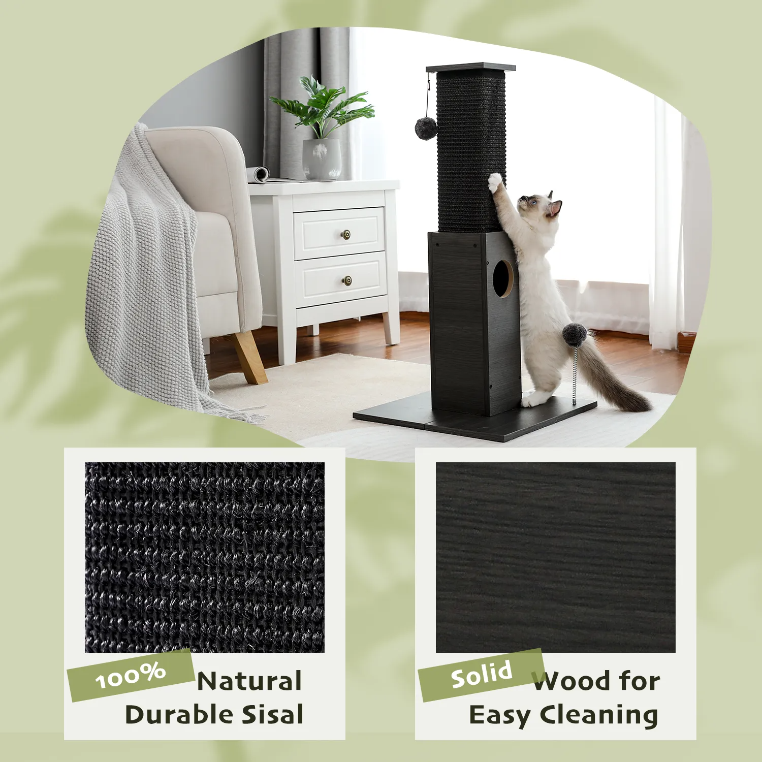 H75cm Cat Scratching Post Indoor with Plush Ball Multi-functional Tall Cat Tree Natural Durable Sisal for Cats Kitten Climbing