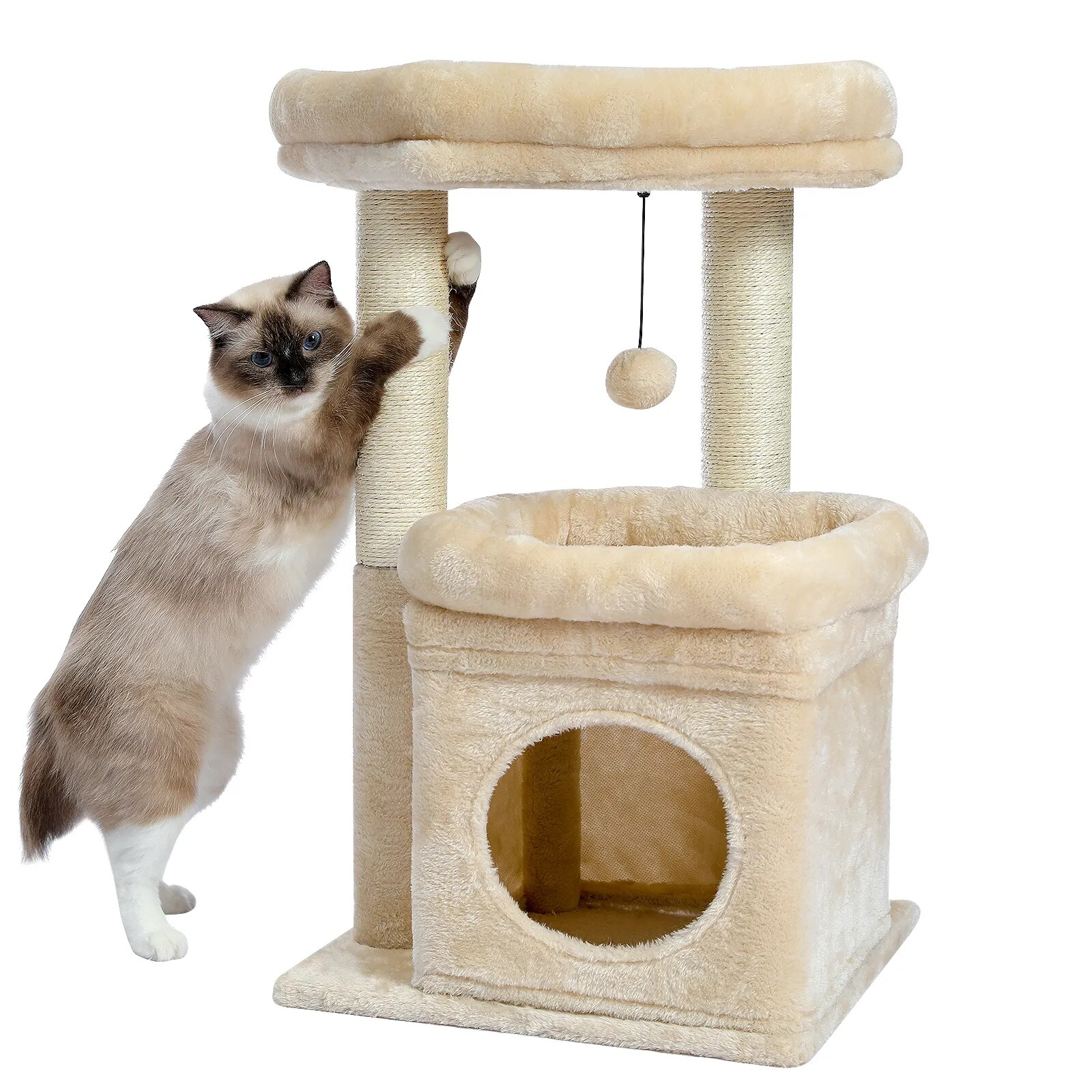 H68cm Small Cat Tree Condo for Indoor Hanging Ball Tower Large Top Perch Warm Cozy Home Sisal Scratching Post rascadores de gato