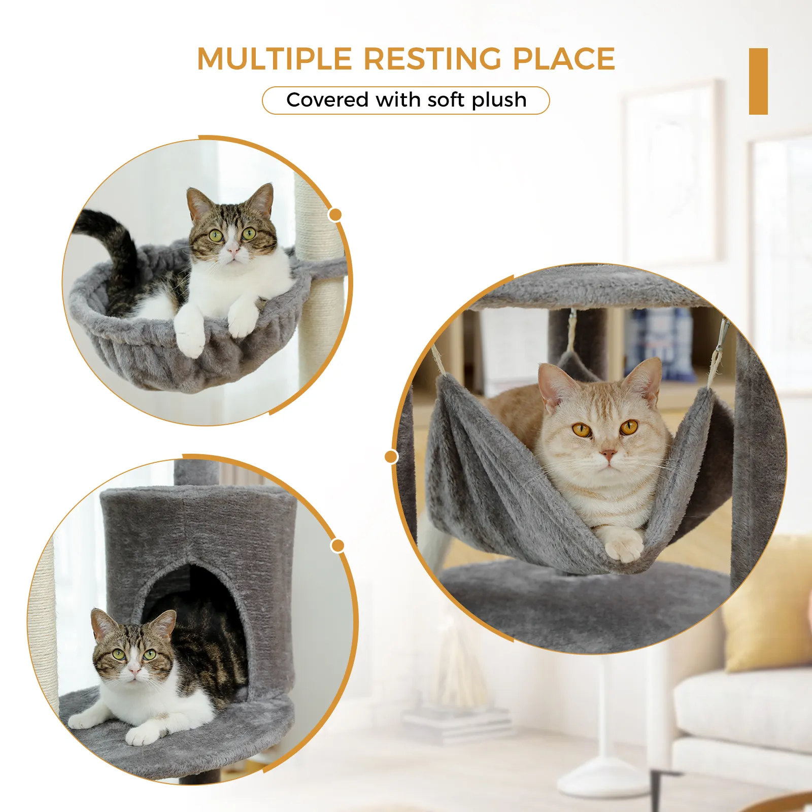 H152CM Large Cat Tree Tower Condo Perch Sisal Scratching Posts for Kitten Multi-Level Tower with Fully Ball Hummock Grey & Beige