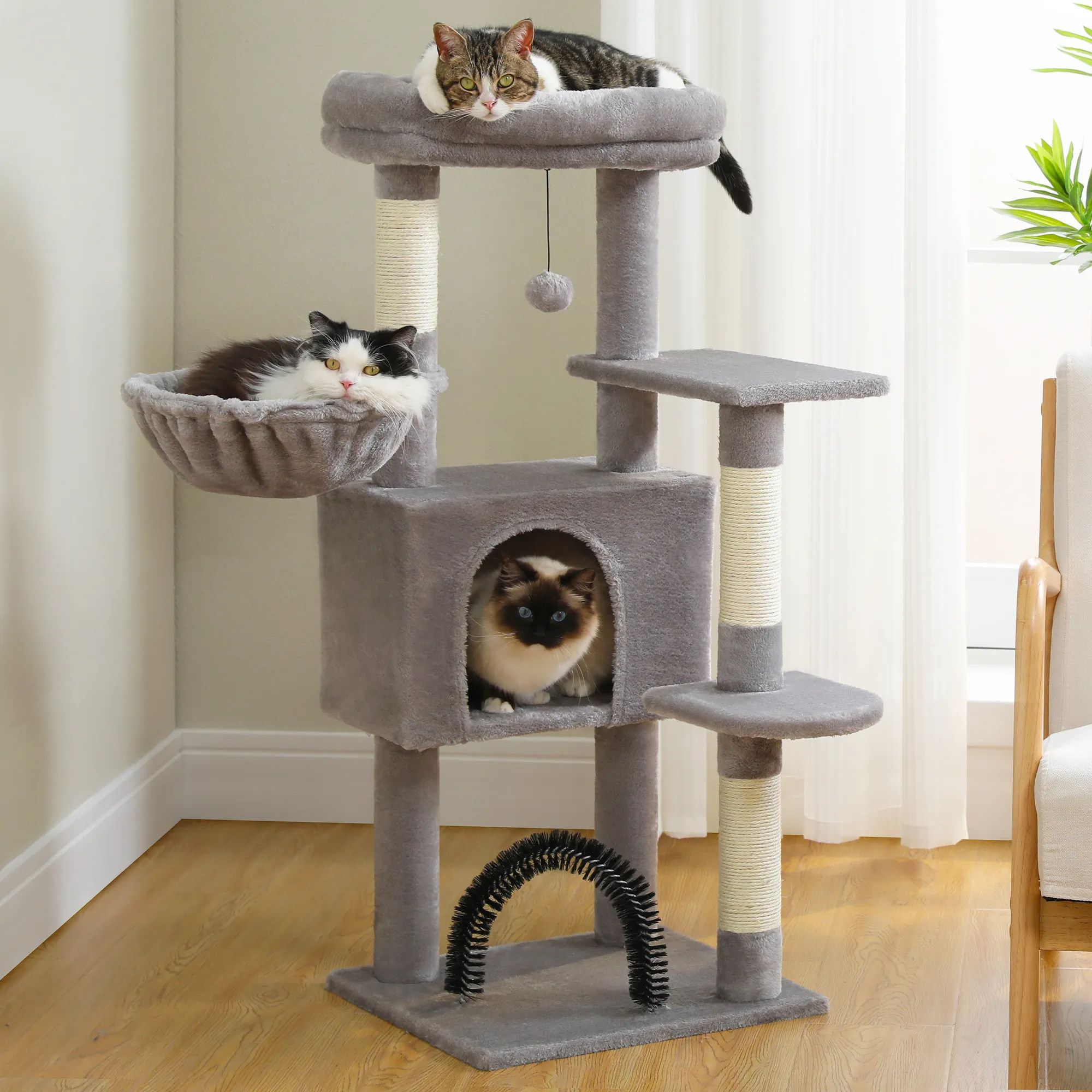 H120CM Cat Tree Condo for Indoor Self Grooming Brush Sisal Scratching Post Soft Perch House and Hanging Ball Toy Cozy Hummock