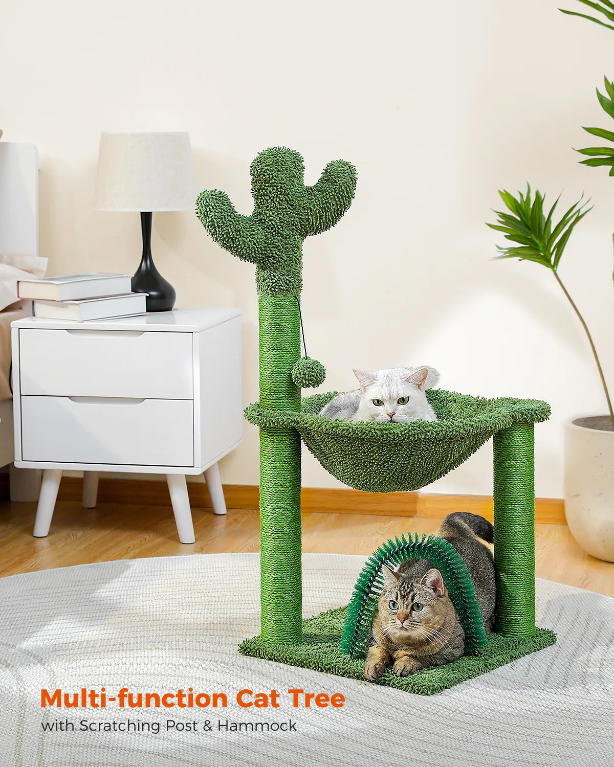 H84CM Small Cactus Cat Tree Tower for Indoor Cozy Hammock Scratching Post Self Groomer for Kitty Durable Stable Large Perch Ball
