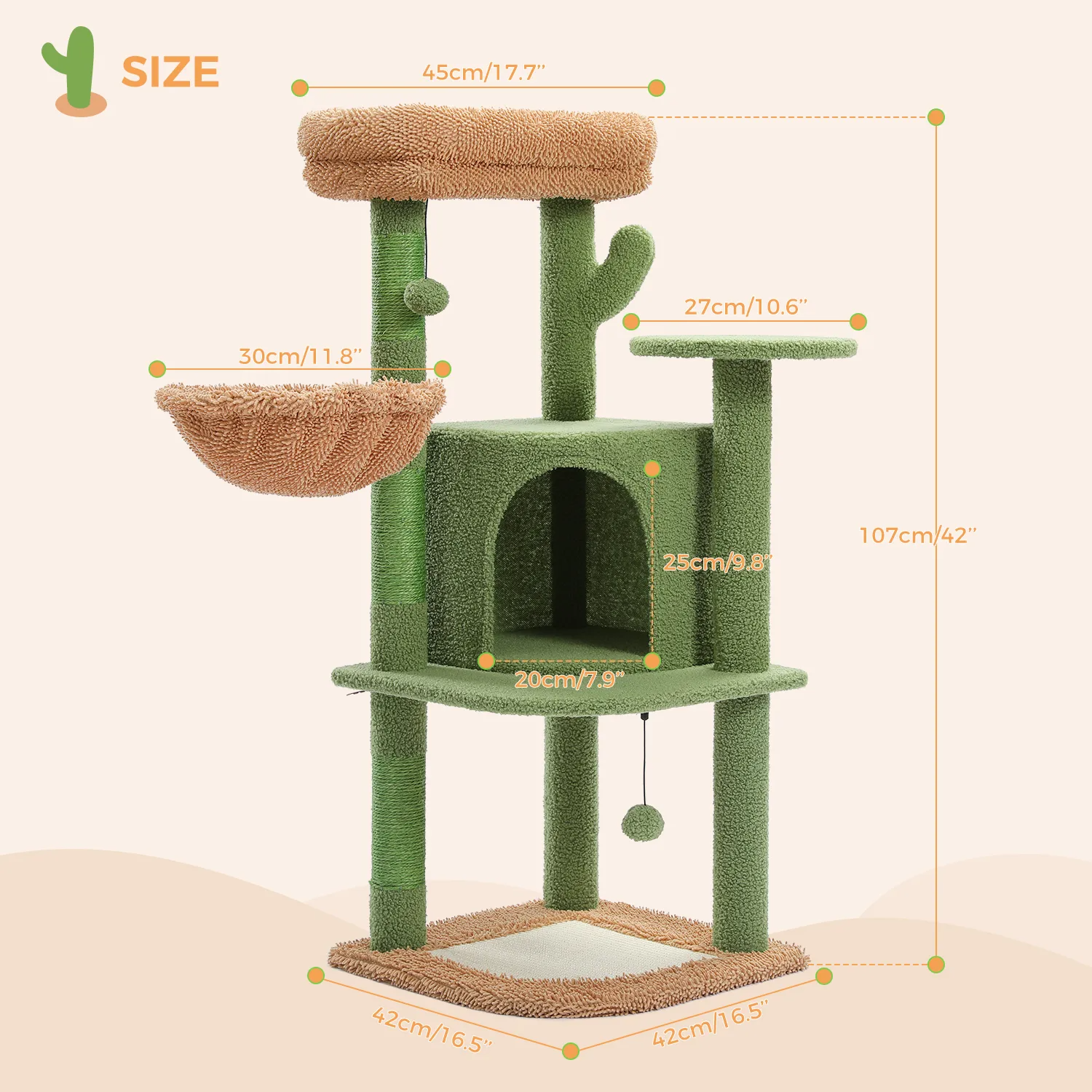H107/83CM 2 Size Cactus Cat Tree for Indoor Cat Tower Toy Large Top Perch Sisal Covered Scratching Posts& Pad Hummock Big Condo