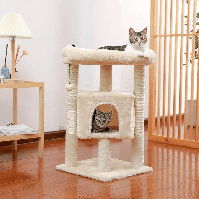 H72cm Pet Cat Tree Condo Large Top Perch Climbing Tower Multi-layer With Ball Hammock Furniture Solid Natural Scratching Post