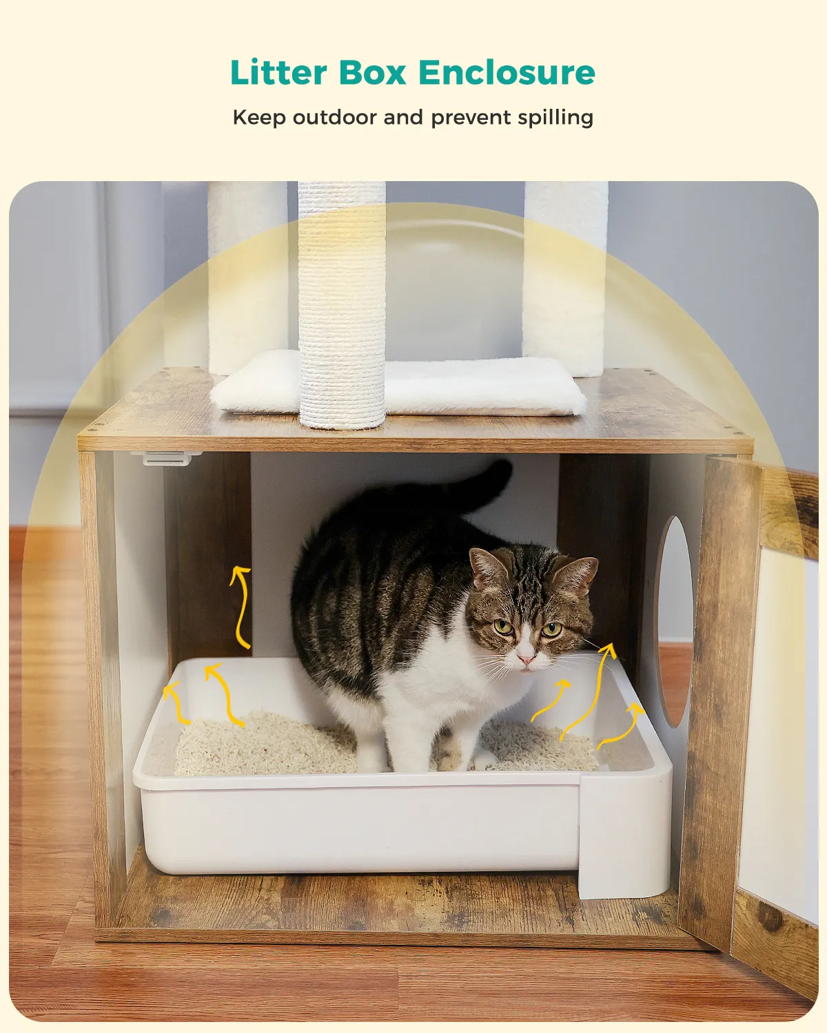 Height 117CM Luxury Modern Cat Tree with Cabinet Tower Wood Furniture with Litter Box Enclosure House Large Top Perch Nest Condo