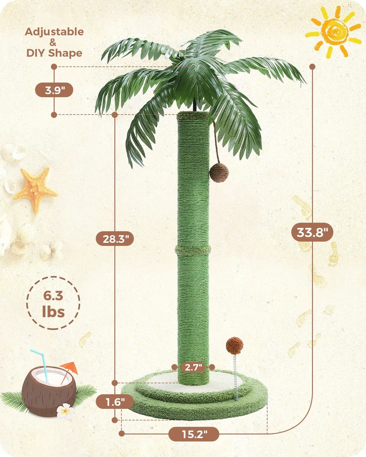 H85CM Tall Cat Scratching Post with Hanging Ball Simulated Green Leaves Sisal Rope for Indoor Large Durable Scratching Boards