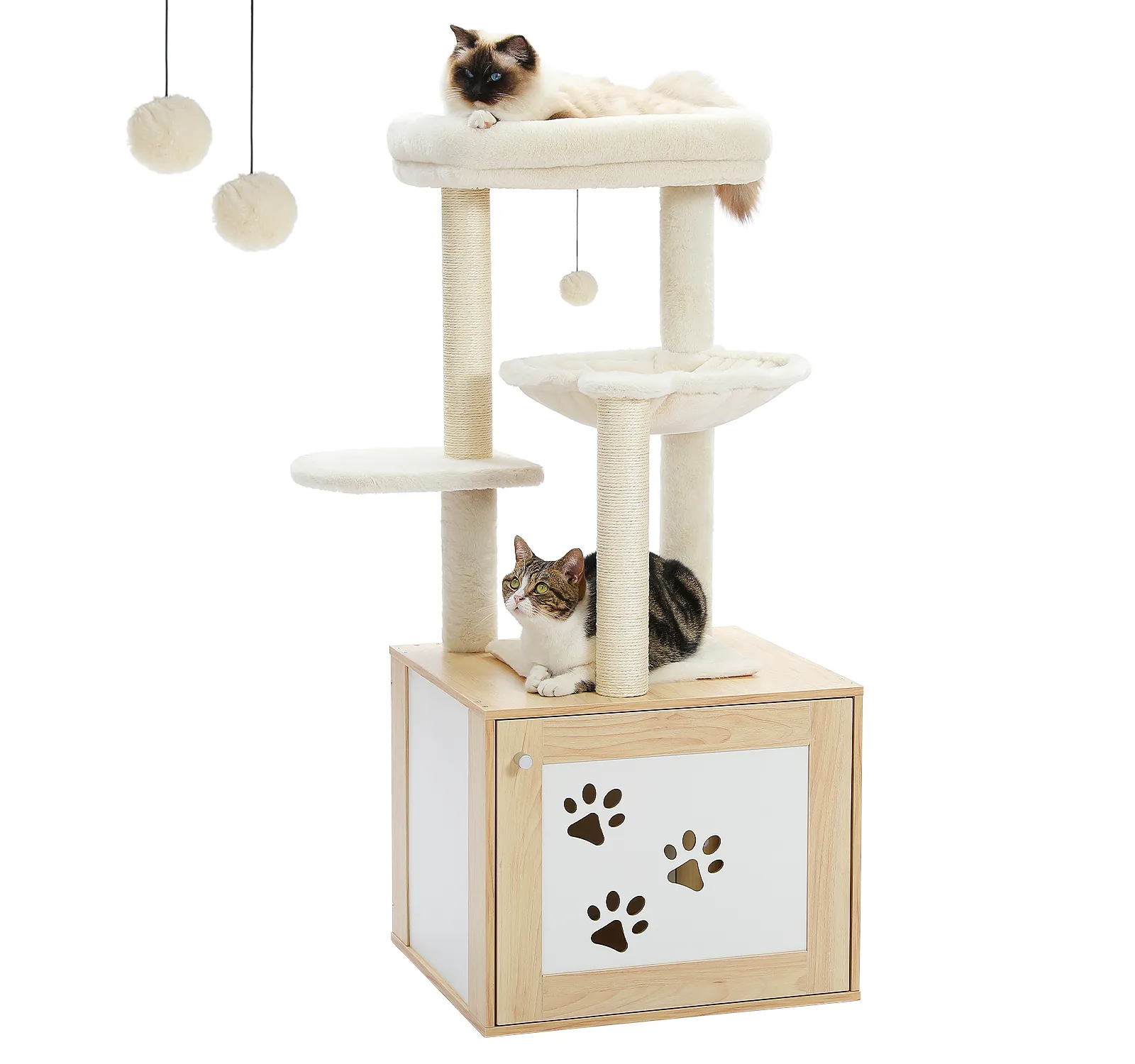 Height 117CM Luxury Modern Cat Tree with Cabinet Tower Wood Furniture with Litter Box Enclosure House Large Top Perch Nest Condo