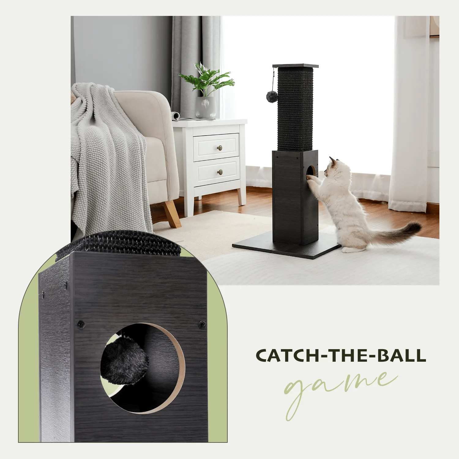 H75cm Cat Scratching Post Indoor with Plush Ball Multi-functional Tall Cat Tree Natural Durable Sisal for Cats Kitten Climbing