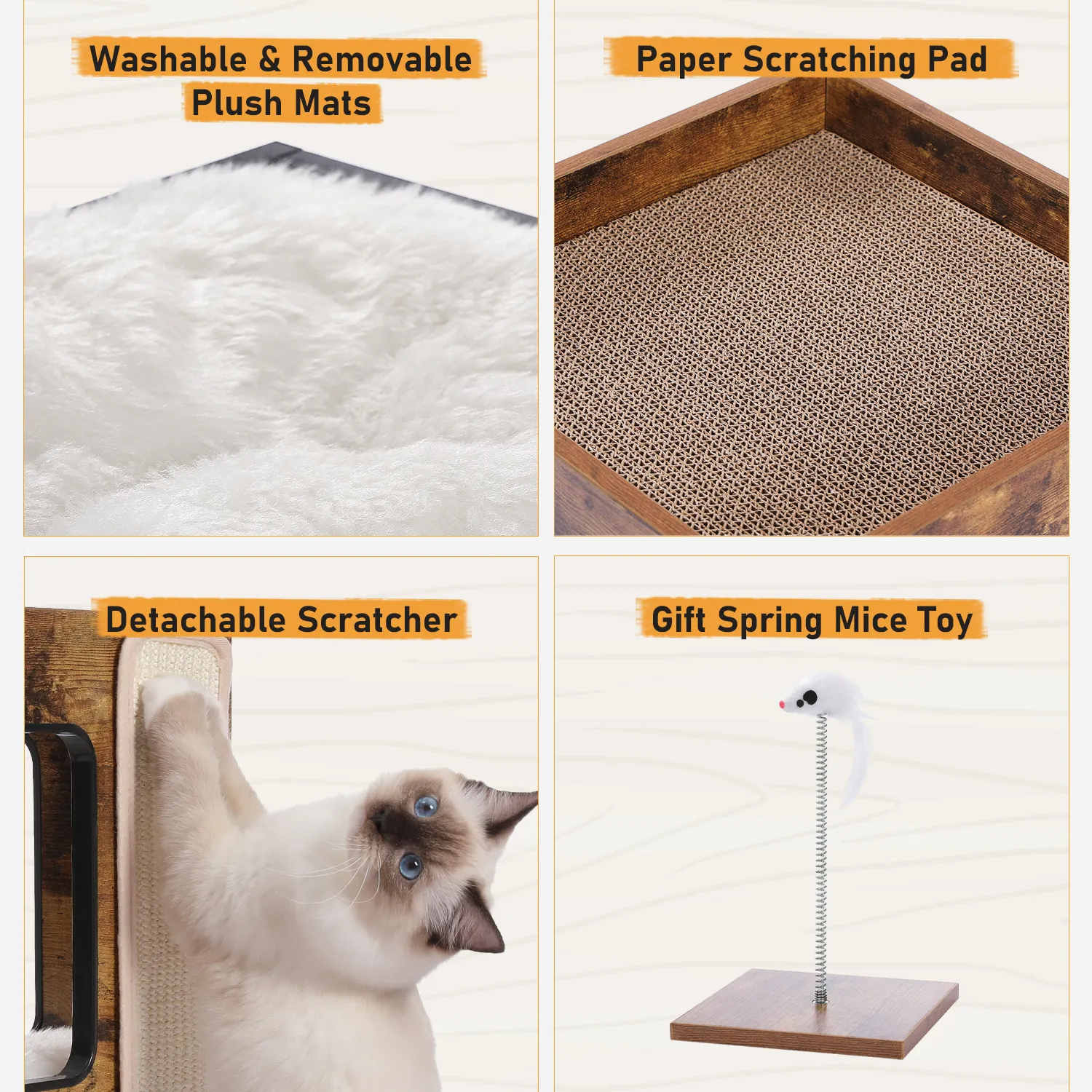 Modern Cat Tree with Scratcher Board Furniture Bed 3 Levels Spacious Top Scratching Pad Stand House Removable Soft Cushion Toys