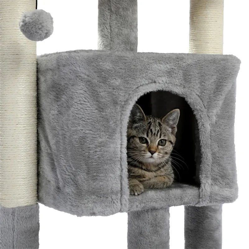 H72cm Pet Cat Tree Condo Large Top Perch Climbing Tower Multi-layer With Ball Hammock Furniture Solid Natural Scratching Post