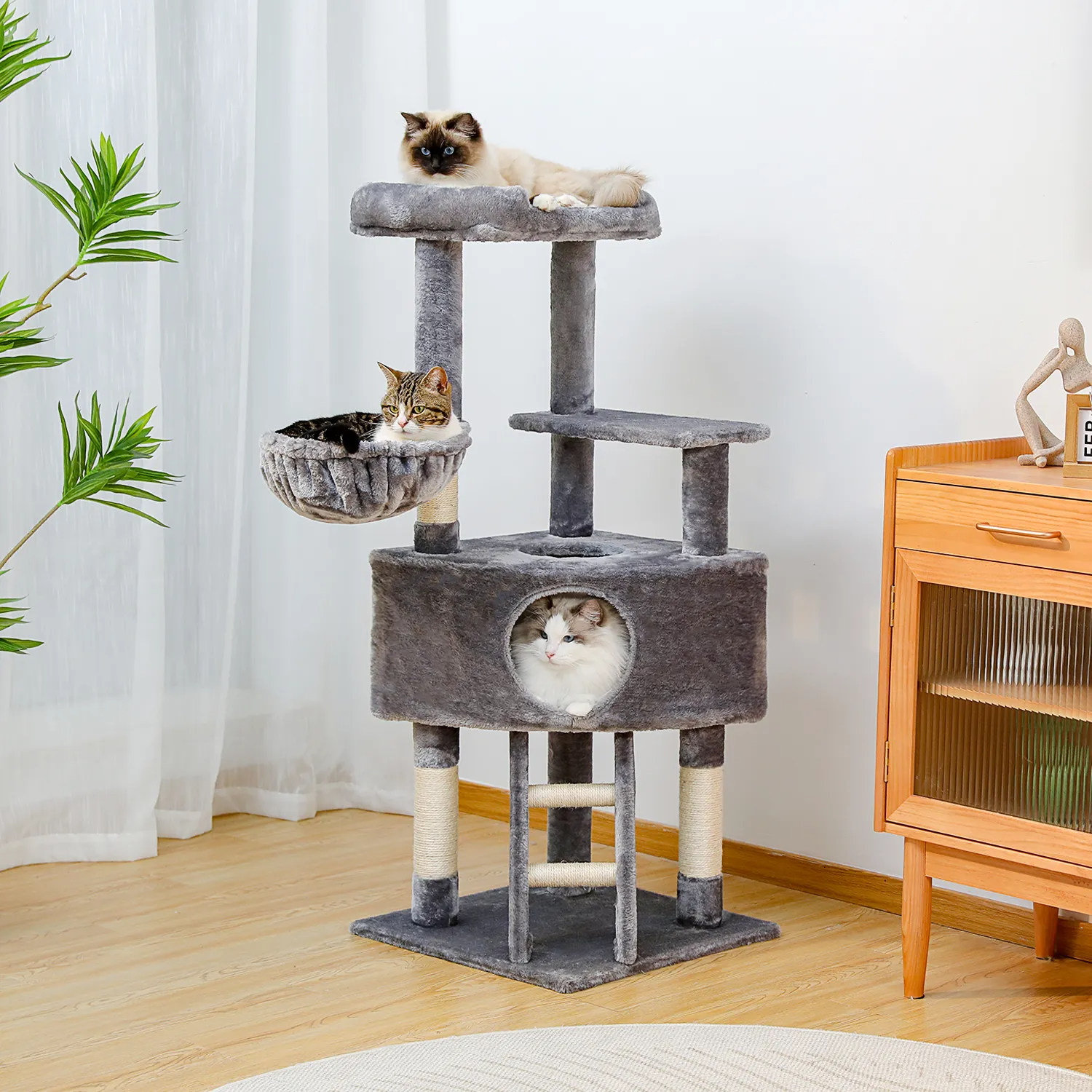 H120CM Cat Tree Condo for Indoor Self Grooming Brush Sisal Scratching Post Soft Perch House and Hanging Ball Toy Cozy Hummock