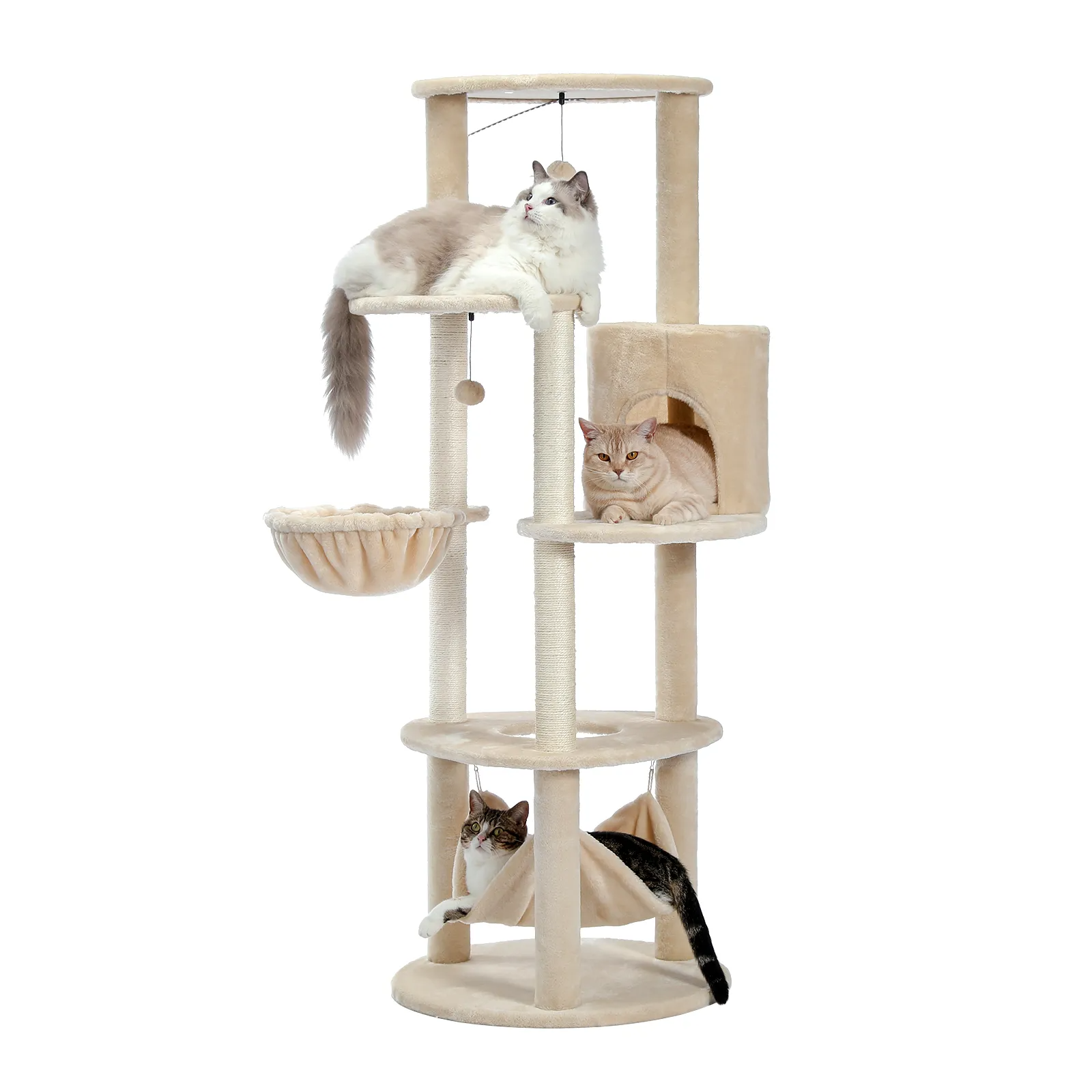 H152CM Large Cat Tree Tower Condo Perch Sisal Scratching Posts for Kitten Multi-Level Tower with Fully Ball Hummock Grey & Beige