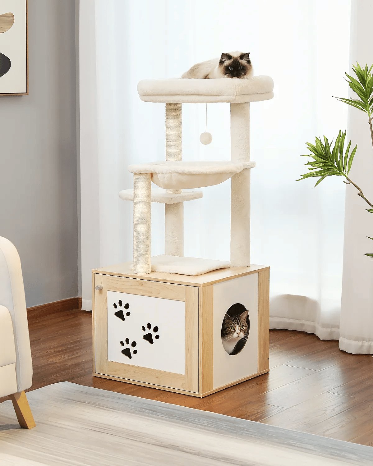 Height 117CM Luxury Modern Cat Tree with Cabinet Tower Wood Furniture with Litter Box Enclosure House Large Top Perch Nest Condo
